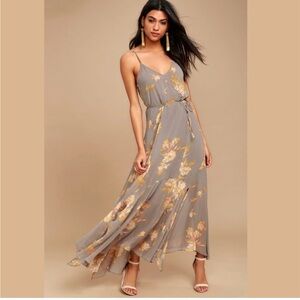 Lulus Gray Floral Maxi Dress Size M V Neck Slit Wedding Guest Formal